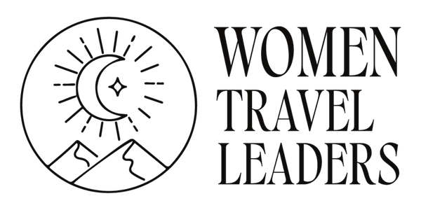 Women Travel Leaders logo with celestial mountain illustration and elegant serif typography in black