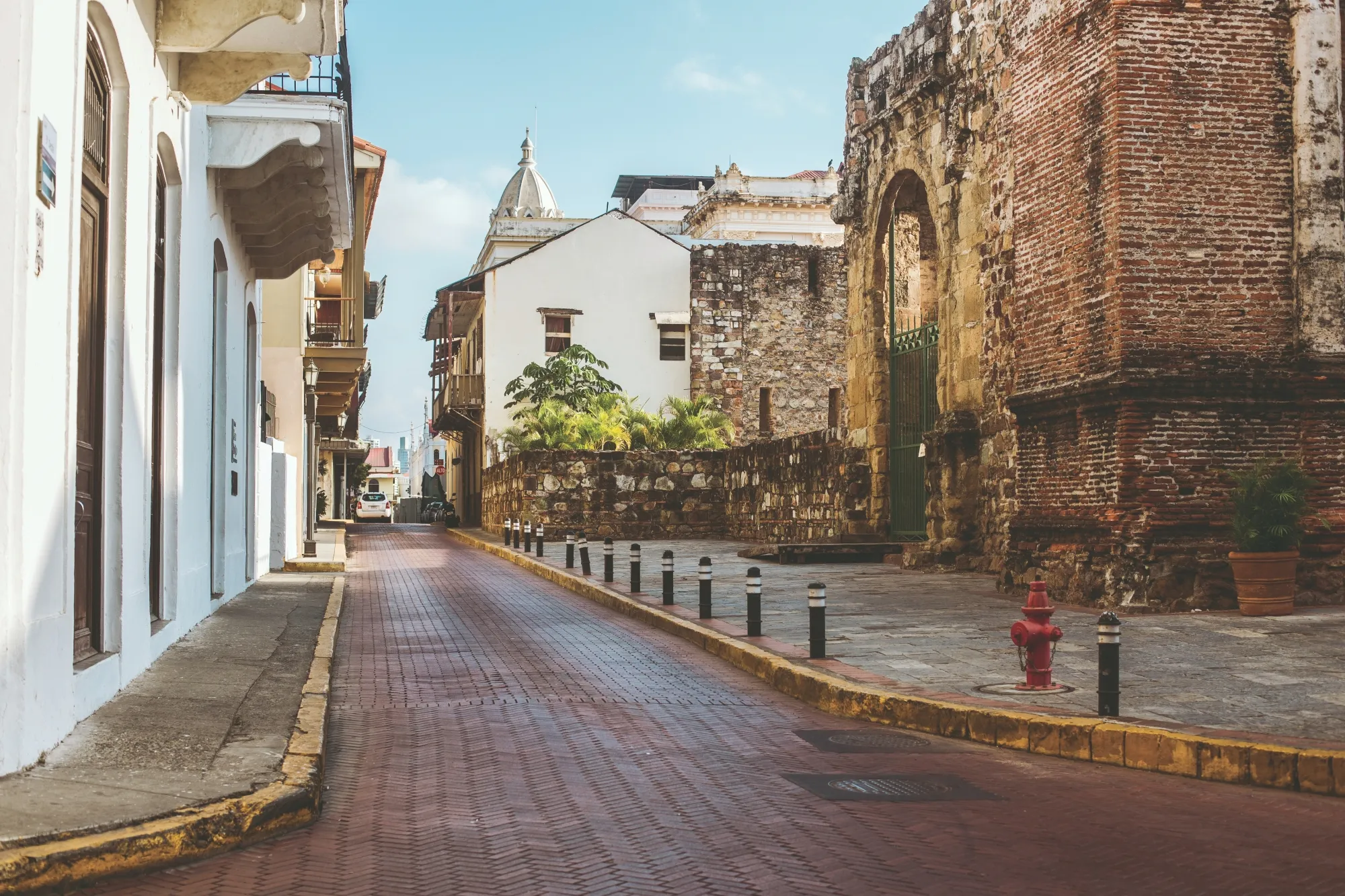 Ancient brick ruins and colonial architecture in old quarter streets Panama