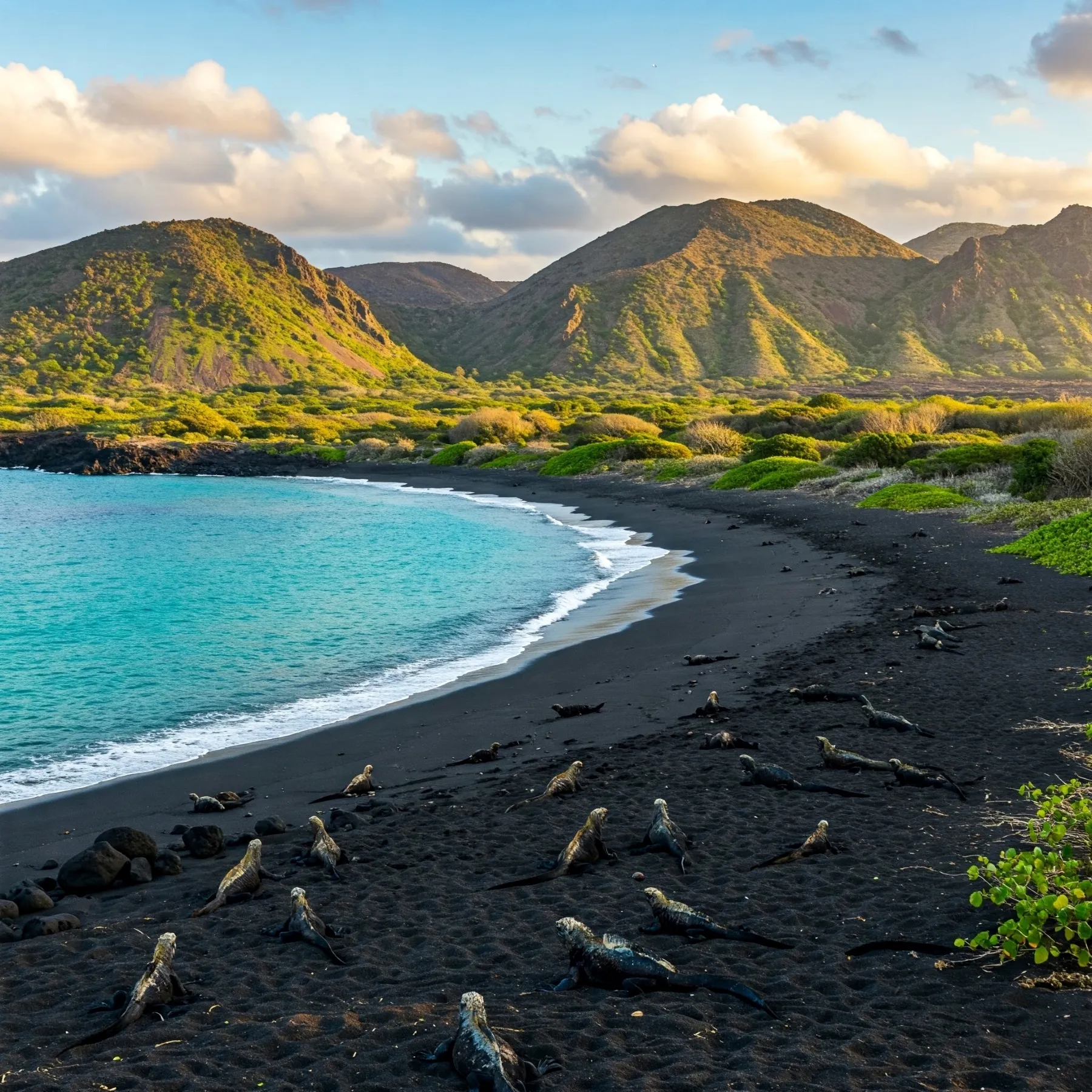 Marine iguanas on volcanic black sand beach Galapagos Islands Ecuador